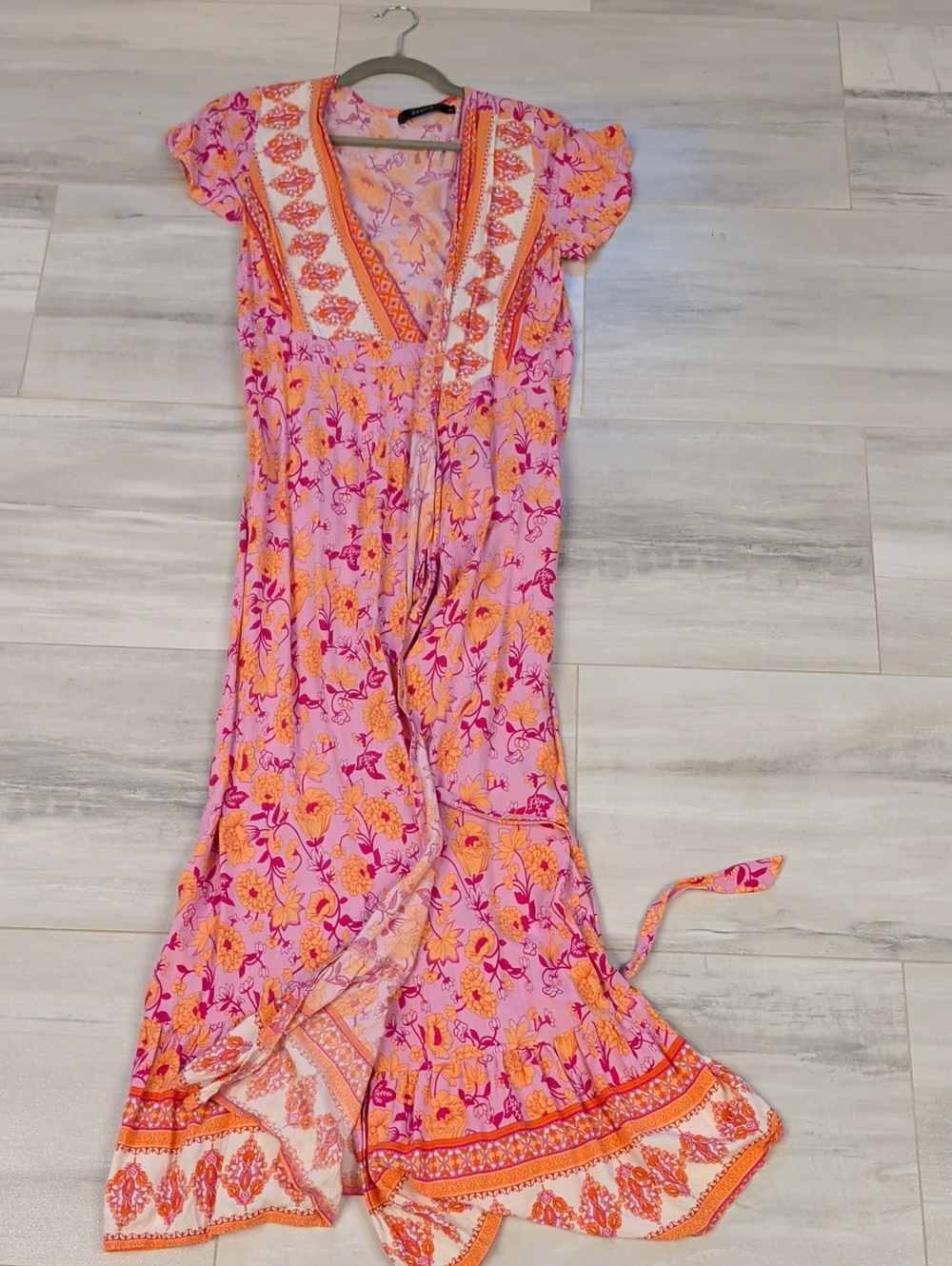 Floral Tie-Waist Maxi Dress in Pink & Orange
